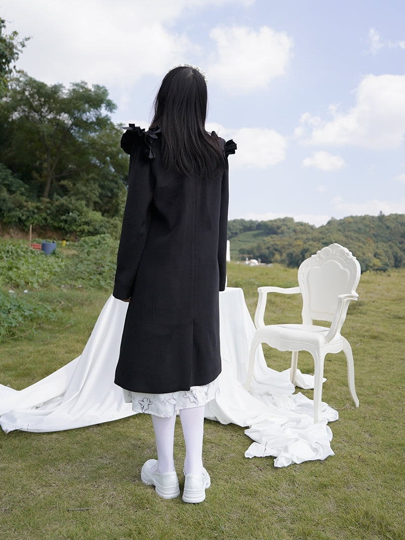 Frill Wool Girly Pearl-button Long-coat