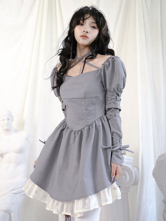 Cross Lace Grily Fluffy Ouff-sleeves One-piece
