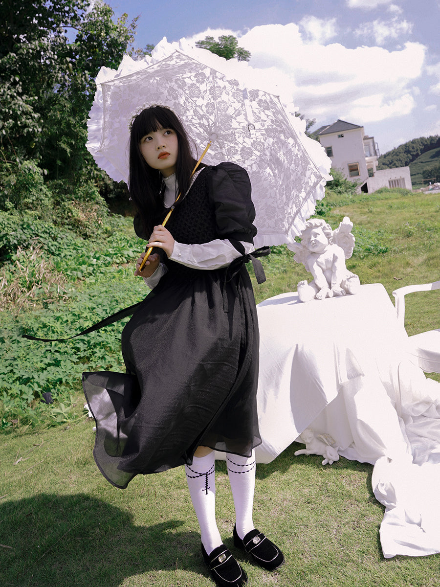 Monotone Ribbon Fluffy Ciffon One-piece