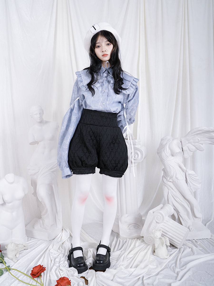 Frill Ribbon Balloon-sleeves Gloss Flower Blouse