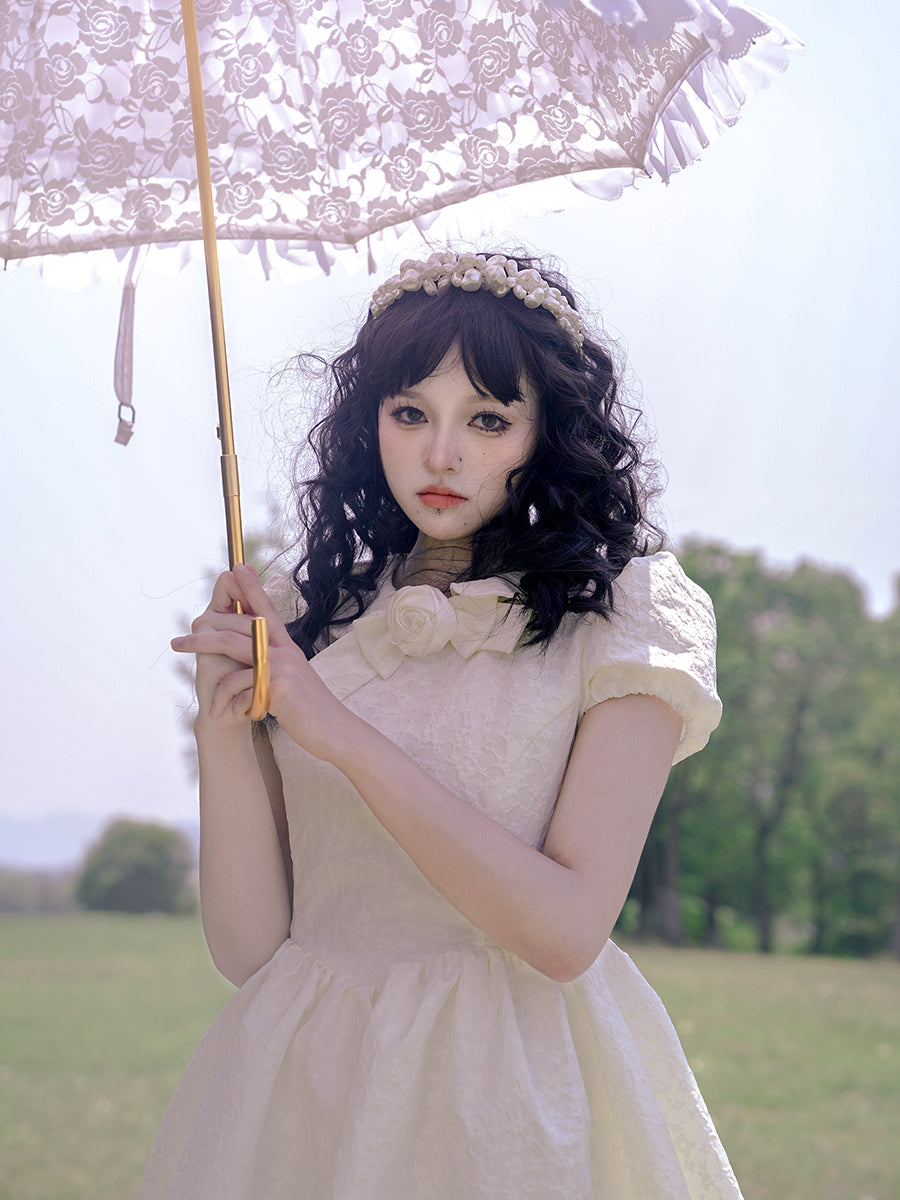 Bow Jacquard Short-sleeved Short Dress