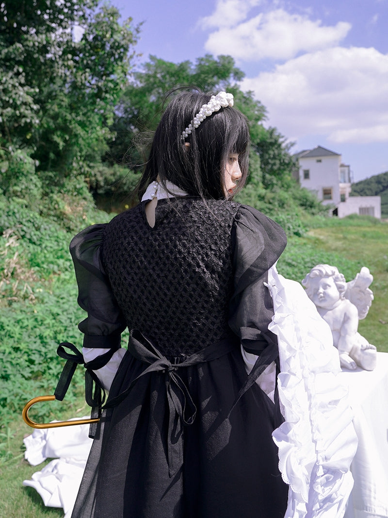 Monotone Ribbon Fluffy Ciffon One-piece