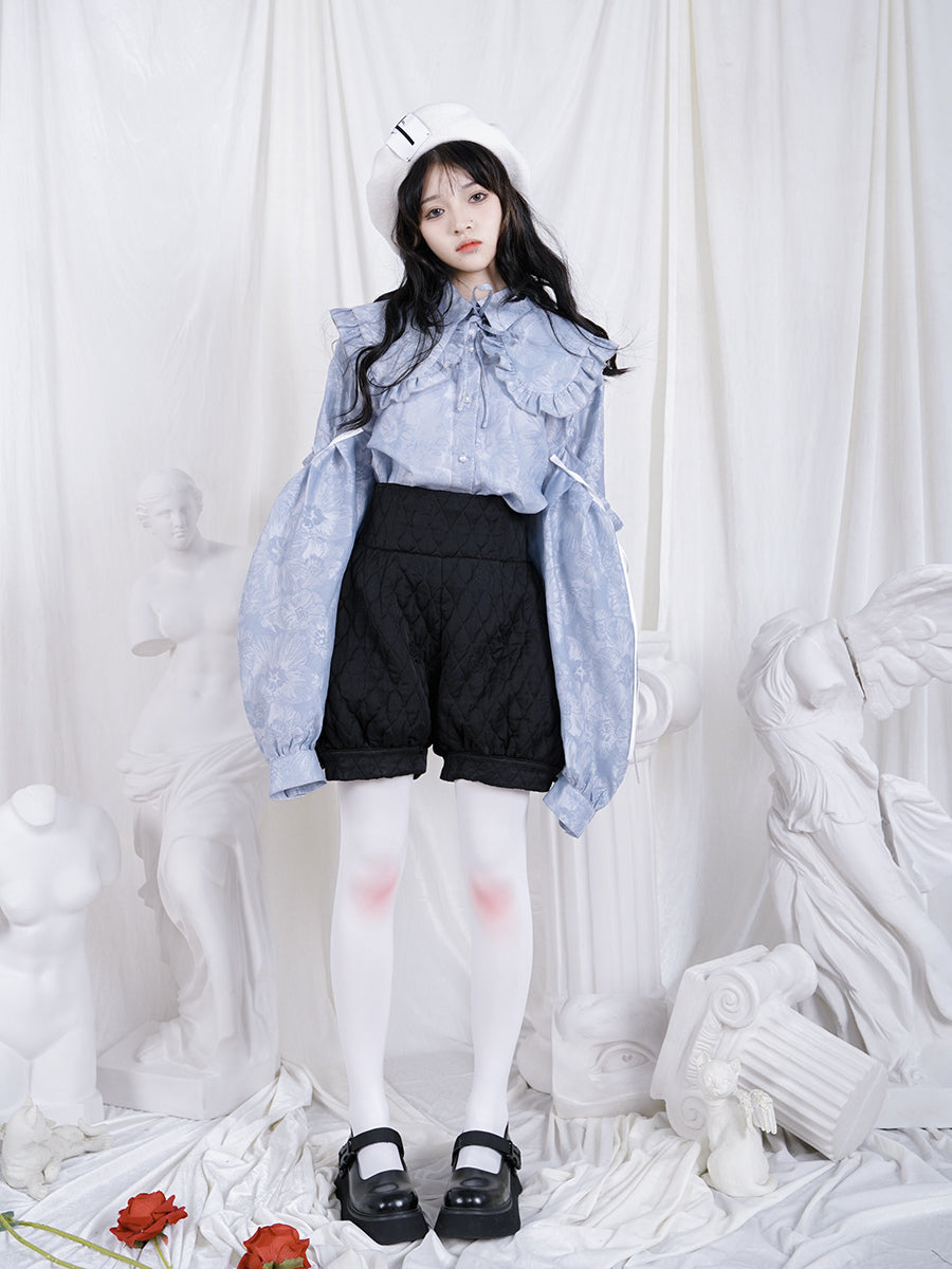 Frill Ribbon Balloon-sleeves Gloss Flower Blouse